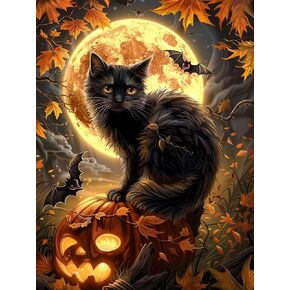 Kaliosy 5D Diamond Art Kits for Adults Halloween by Number Kits, Diamond Painting Art Black Cat DIY Full Drill Crystal Craft Cross Stitch Embroidery Decoration (12x16 inch) 30x40 cm