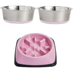 Gorilla Grip Dog Bowl مجموعة من 2 وعاء الكلب البطيء المغذي ، أوعية الحيوانات الأليفة 4 أكواب من الفولاذ المقاوم للصدأ ، أوعية الحيوانات الأليفة 2 كوب منع الإفراط في تناول الطعام ، سواء باللون الوردي ، حزمة 2 عنصر