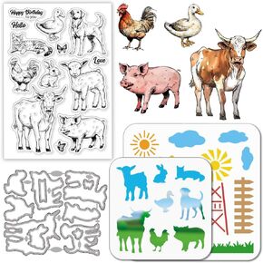 GLOBLELAND Farm Animals Clear Stamps Cutting Dies PET Painting Stencils for Card Making Cat Dog Sheep Pig Silicone Stamp Metal Greetings Die Cuts PET Paint Stencils for DIY Scrapbooking Crafts Decor