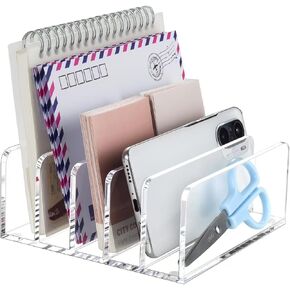 BEYGORM Acrylic Mail Holder, Clear Desk Organizer with Divider, Vertical Letter Sorter for Desktop, 5 Compartments Modern Office Home Envelope Organizer for Bill, Document, Notebook