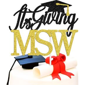 It's Giving MSW Cake Topper, Congrats Grad MSW, Master of Social Work, Social Worker, Class of 2025 Graduation Party Decoration Supplies, Black Glitter