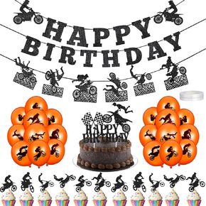 Chalyna 84 Pieces Motorcycle Party Decorations, Dirt Bike Supplies - Banner, CupCake Topper, Latex Balloons for Motocross Sports Themed Birthday Decor