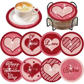 Jehwaeen 8 PCS Day's Day Diamond Art Paints Coasters مجموعات مع حامل تنظيم ، DIY Pink Heart Heart's Crafts Crafts Coasters للبالغين هدية عيد ميلاد الأطفال