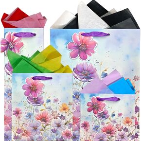 Suosicn 4 Pack Purple Flower Paper Gift With Bandles ، وأكياس هدايا عيد ميلاد للنساء احتفالات استحمام الطفل عيد ميلاد وأي مناسبات