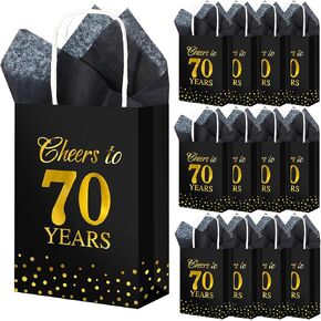 RESHOLED 20 PCS هتافات إلى 70 سنة أكياس الهدايا مع مقبض 70 عيد ميلاد حقيبة هدايا الحفلات الحفلات مع ورقة الأنسجة الأسود والذهبي لصالح جيد هدايا لوازم زفاف عيد ميلاد الذكرى السنوية