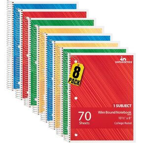 1 intheoffice sporal Notebook College حكمت 10.5 × 7.5 ، أحكام الكلية ذات المواضيع المحتملة ، دفاتر الملاحظات المتجهة إلى الأسلاك ، اللكم 3 حفرة ، 70 ورقة ، ألوان متنوعة ، 8 حزمة