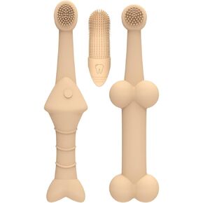 Pet Dental Care Set - Silicone Toothbrush and Finger Brush Set for Dogs and Cats with 1 Matching Finger Brush for Removing Food Debris and Freshening Breath (Blue/Green/Beige) (Beige, Medium)