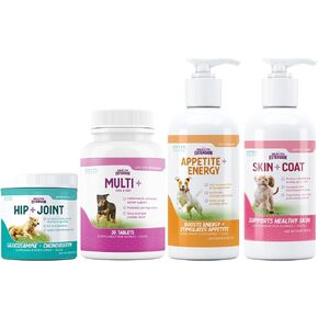 Health Extension Supplements Bundles - Appetite + Energy Stress Relief (8oz), Skin & Coat (16oz), Multivitamin (30 Tablets), Joint & Hip Supplement Powder (8oz) - Overall Support for Dogs