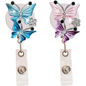 2 PCS BLING BLING BUTTERFLY Retractable ID BADGE BEADES BEADES BEADES مع مقطع ، سلك قابلة للسحب 24 بوصة ، حاملات بطاقات الأسم
