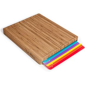 Bamboo Wooden Cutting Boards for Kitchen – Best Wood Cutting Board Set, 6 Color Coded Flexible Plastic Chopping Mats With Food Icons, Non Toxic Large Wooden Chopping Board Set, Dishwasher Safe