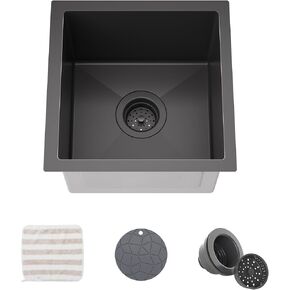 TORVA 15 x 17 Inch Gloss Black Ceramic Coating with NanoTek Undermount Kitchen Sink, PVD Coated Gunmetal Sink16 Gauge Stainless Steel Wet Bar or Prep Sinks Single Bowl, Fits 18" Cabinet,Dark Gray
