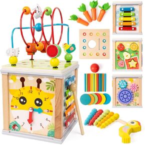 النشاط الخشبي مكعب | 10 في 1 Montessori Toys | لعبة الأطفال التعليمية متعددة الأغراض | مكافأة شكل سوار و COIN COIN عصا إسقاط | هدية عيد ميلاد للبلاد الفتيات