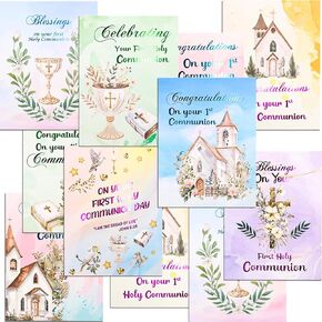 Fancy Land 24 Pack First Holy Communion Cards with Envelopes Gold Foil Religious Baptism Cards Blank Inside