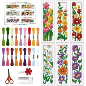 BEUNITONE 6 Set Floral Bookmark Cross Stitch Kits for Beginners Flora Bookmarks Counted Cross-Stitch Kit Flowers Pattern Punch Needle Kit Cute Stamped Embroidery Bookmark DIY Crafts 8''x2.4''