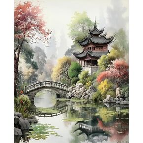 Vnuiehg Paint Your Passion: Premium Paint-Dibbers Kit للفنانين ، حديقة المناظر الطبيعية التقليدية الصينية ، 40x50 سم ، بدون إطار