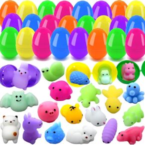 24 PCS بيض عيد الفصح البلاستيكي المملوء بـ 24 قطعة من ألعاب Mochi Squishy للأطفال ، مثالية للعبة Easter Egg Hunt ، حشو سلة عيد الفصح ، لوازم حفل عيد الفصح