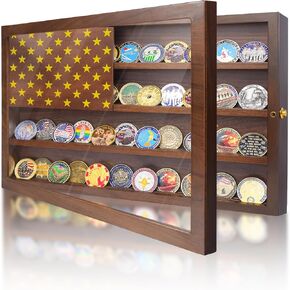 Challenge Coin Display Case, Lockable Military Coin Holder Cabinet with Removable Star Board & Anti-Fade Acrylic Door, Wood Wall Mount Coins Collection Rack Stand with 2 Grooves Shelves Walnut