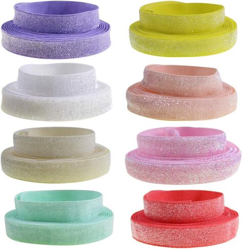 Colorful 16 Yards Ribbon Elastics Glitter Fold Over Elastic 5/8" 15mm Stretch Hair Ties Headbands for Baby Girls Hair Bow, 8 Colors, 2 Yards Each One in Saudi Arabia