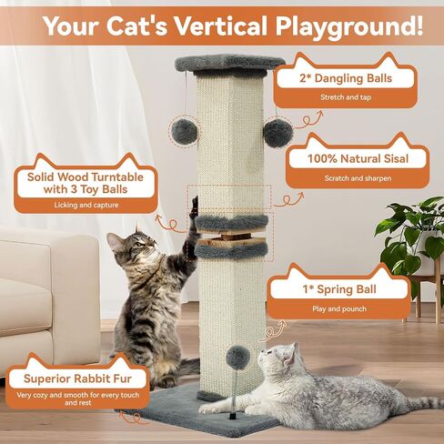 OTOB Cat Scratching Post 33 Inch, Nature Sisal Scratching Posts for Indoor Cats Adults Kitten, 6-in-1 Interactive Turntable Cat Scratch Post Protect Your Furniture, Large Cat Scratcher, Beige in Saudi Arabia