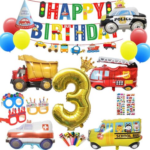 Car Party Supplies - Birthday Party Decorations for 3 years old Kids,Contain a Traffic Banner,a Birthday hat,7 Foil Balloons,6 Latex Balloons,Great for Children Birthday Party in Saudi Arabia