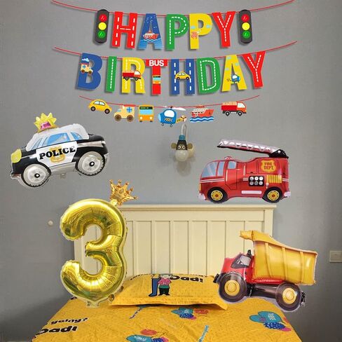 Car Party Supplies - Birthday Party Decorations for 3 years old Kids,Contain a Traffic Banner,a Birthday hat,7 Foil Balloons,6 Latex Balloons,Great for Children Birthday Party in Saudi Arabia
