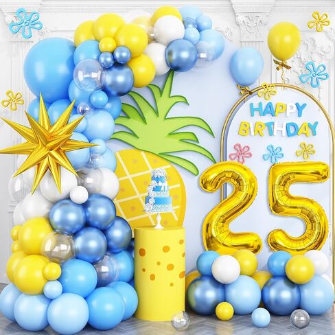 25th Birthday Sponge Theme Balloons Arch, Blue Yellow White Clear Balloon Garland Kit with Gold Number 25 Balloon Tower Star Foil Balloon for 25 Year Old Boys Cartoon Sponge Birthday Party Decoration in Saudi Arabia