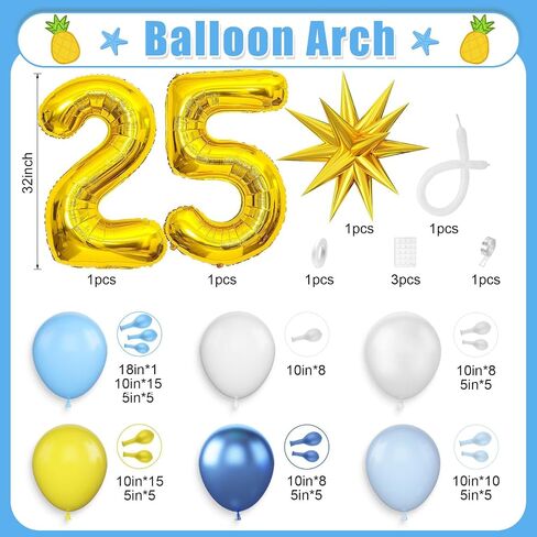25th Birthday Sponge Theme Balloons Arch, Blue Yellow White Clear Balloon Garland Kit with Gold Number 25 Balloon Tower Star Foil Balloon for 25 Year Old Boys Cartoon Sponge Birthday Party Decoration in Saudi Arabia