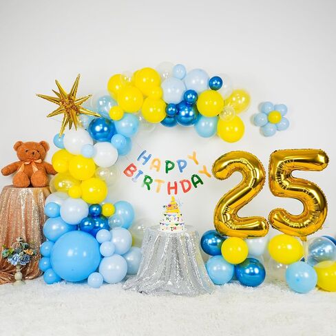 25th Birthday Sponge Theme Balloons Arch, Blue Yellow White Clear Balloon Garland Kit with Gold Number 25 Balloon Tower Star Foil Balloon for 25 Year Old Boys Cartoon Sponge Birthday Party Decoration in Saudi Arabia