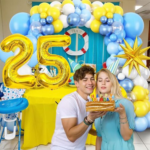 25th Birthday Sponge Theme Balloons Arch, Blue Yellow White Clear Balloon Garland Kit with Gold Number 25 Balloon Tower Star Foil Balloon for 25 Year Old Boys Cartoon Sponge Birthday Party Decoration in Saudi Arabia