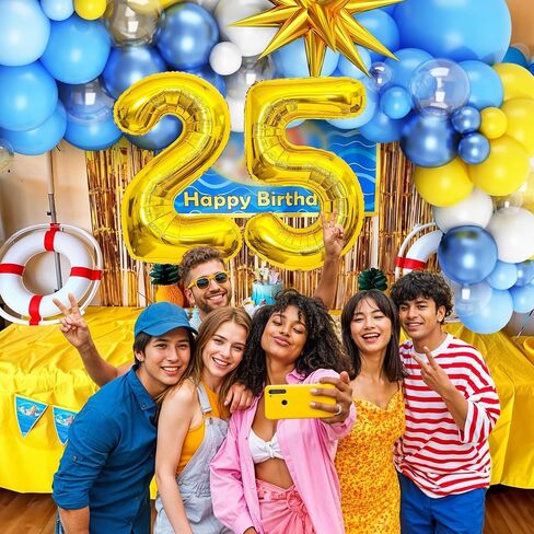 25th Birthday Sponge Theme Balloons Arch, Blue Yellow White Clear Balloon Garland Kit with Gold Number 25 Balloon Tower Star Foil Balloon for 25 Year Old Boys Cartoon Sponge Birthday Party Decoration in Saudi Arabia