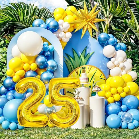 25th Birthday Sponge Theme Balloons Arch, Blue Yellow White Clear Balloon Garland Kit with Gold Number 25 Balloon Tower Star Foil Balloon for 25 Year Old Boys Cartoon Sponge Birthday Party Decoration in Saudi Arabia