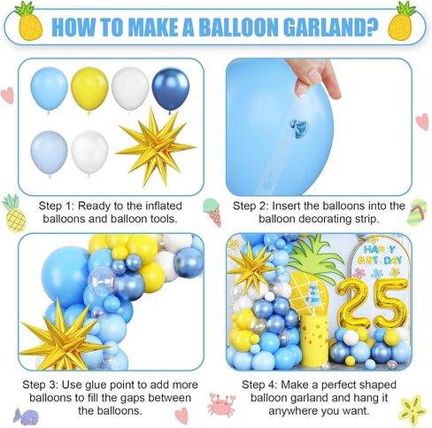 25th Birthday Sponge Theme Balloons Arch, Blue Yellow White Clear Balloon Garland Kit with Gold Number 25 Balloon Tower Star Foil Balloon for 25 Year Old Boys Cartoon Sponge Birthday Party Decoration in Saudi Arabia