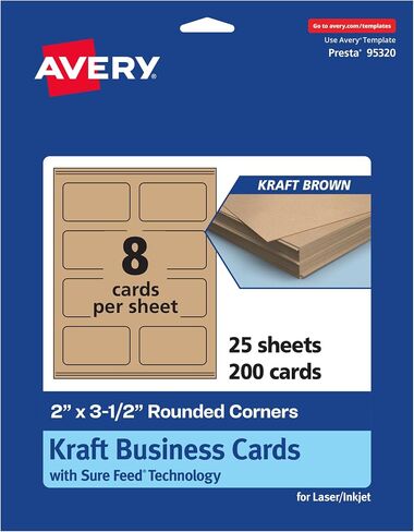 Avery Rectlable Rectangle Corner Business Cards مع تقنية التغذية المؤكدة ، 2 "× 3-1/2" ، Kraft Brown Cardstock ، الطباعة إلى الحافة ، الليزر/الحبر ، 80 Total in Kuwait