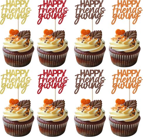 Rsstarxi 24 Pack Happy Friendsgiving Cupcake Toppers Glitter Fall Theme Thanksgiving Day Cupcake Picks for Happy Thanksgiving Day Birthday Friendsgiving Party Cake Decorations Colorful in Saudi Arabia
