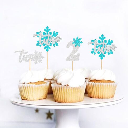 Ercadio 24 PCS Snowflake Blue Snowflake Two Cupcake Toppers Glitter 2st Snowflake Cupcake اختيارات لفريق Winter OneDerland موضوع استحمام الطفل 2 أعياد عيد ميلاد ديكور الديكور in Kuwait