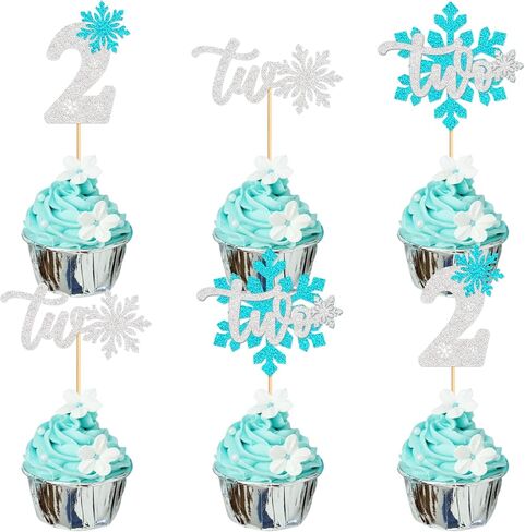 Ercadio 24 PCS Snowflake Blue Snowflake Two Cupcake Toppers Glitter 2st Snowflake Cupcake اختيارات لفريق Winter OneDerland موضوع استحمام الطفل 2 أعياد عيد ميلاد ديكور الديكور in Kuwait