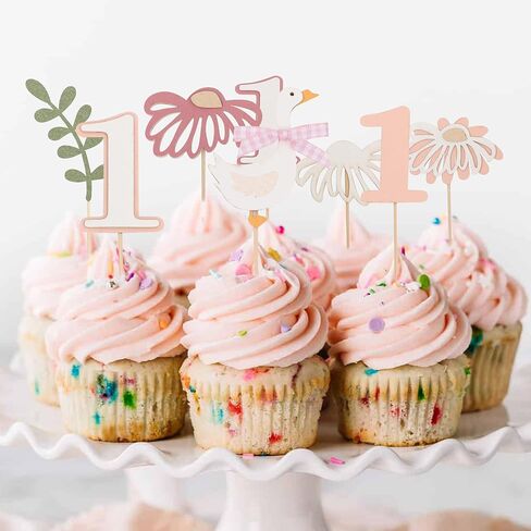 12Pcs Swan 1st Birthday Cupcake Topper - The Little Princess One Party Cake Decoration, One Goose Birthday, Pink Daisy Cupcake Toppers, Swan Party Cake Supplies Pink in Saudi Arabia