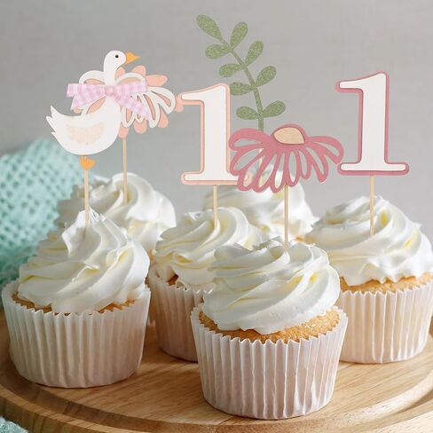 12Pcs Swan 1st Birthday Cupcake Topper - The Little Princess One Party Cake Decoration, One Goose Birthday, Pink Daisy Cupcake Toppers, Swan Party Cake Supplies Pink in Saudi Arabia