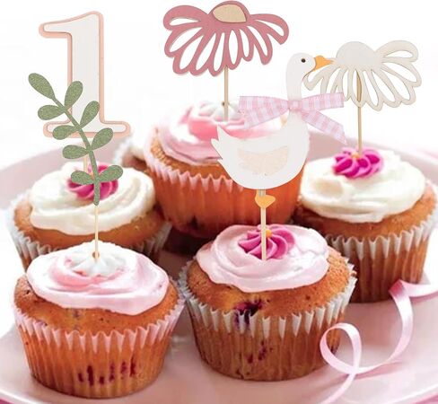 12Pcs Swan 1st Birthday Cupcake Topper - The Little Princess One Party Cake Decoration, One Goose Birthday, Pink Daisy Cupcake Toppers, Swan Party Cake Supplies Pink in Saudi Arabia