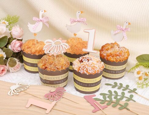 12Pcs Swan 1st Birthday Cupcake Topper - The Little Princess One Party Cake Decoration, One Goose Birthday, Pink Daisy Cupcake Toppers, Swan Party Cake Supplies Pink in Saudi Arabia