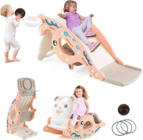 4 in 1 Toddler Slide Rocking Toy, Convertible Freestanding Slide with Basketball Hoop, Ring Toss Game, Rocking Horse, Foldable Climber Slide for Indoor Outdoor Play, Gift for Kids (Green) in Saudi Arabia
