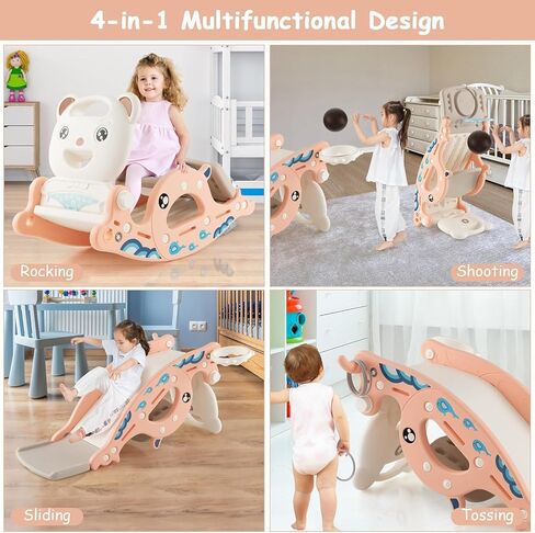 4 in 1 Toddler Slide Rocking Toy, Convertible Freestanding Slide with Basketball Hoop, Ring Toss Game, Rocking Horse, Foldable Climber Slide for Indoor Outdoor Play, Gift for Kids (Green) in Saudi Arabia