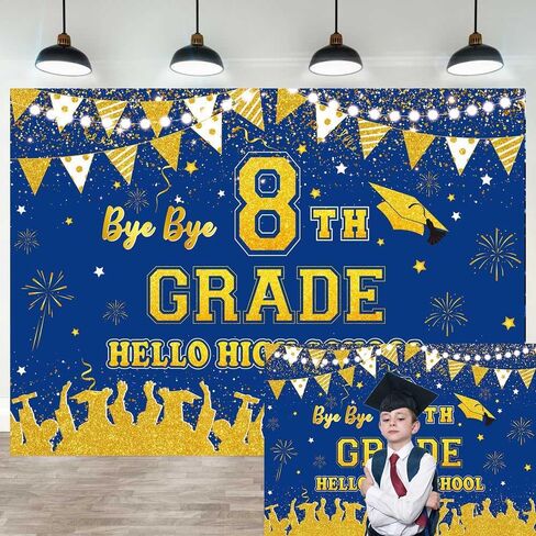 XCKALI Bye Bye 8th Grade Hello High School Backdrop Blue Gold 8TH Grade Graduation Party Decorations Class of 2025 Photo Booth Props 7x5FT in Saudi Arabia
