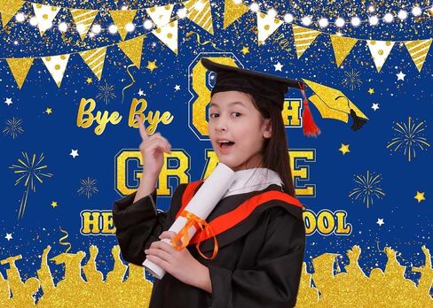 XCKALI Bye Bye 8th Grade Hello High School Backdrop Blue Gold 8TH Grade Graduation Party Decorations Class of 2025 Photo Booth Props 7x5FT in Saudi Arabia