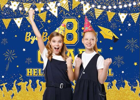 XCKALI Bye Bye 8th Grade Hello High School Backdrop Blue Gold 8TH Grade Graduation Party Decorations Class of 2025 Photo Booth Props 7x5FT in Saudi Arabia