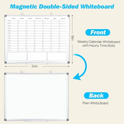 تقويم محو الجاف للوحة البيضاء للجدار ، لوحات الجدول الأسبوعية المغناطيسية مع فتحات زمنية كل ساعة للمنزل ، والمكتب ، والعمل ، والمدرسة ، ومعلقة السبورة ذات الوجهين مع صينية العلامة ، 36 "× 24" in Kuwait