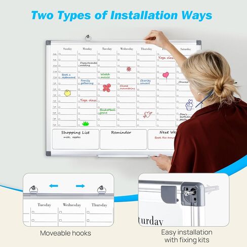 تقويم محو الجاف للوحة البيضاء للجدار ، لوحات الجدول الأسبوعية المغناطيسية مع فتحات زمنية كل ساعة للمنزل ، والمكتب ، والعمل ، والمدرسة ، ومعلقة السبورة ذات الوجهين مع صينية العلامة ، 36 "× 24" in Kuwait