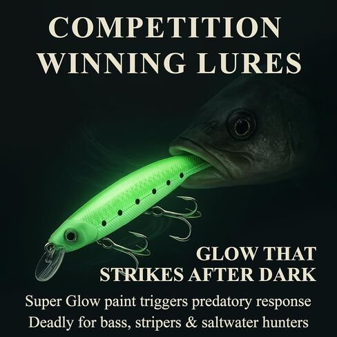 LUCKY CRAFT FlashMinnow 110, Super Glow Series, Saltwater Fishing Lures, Jerkbait Surf Fishing Accessories and Gear, 1-2 ft Slow Suspending Topwater Lure, Halibut and Bass Fishing Lures in Kuwait