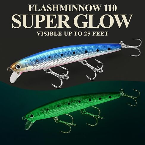 LUCKY CRAFT FlashMinnow 110, Super Glow Series, Saltwater Fishing Lures, Jerkbait Surf Fishing Accessories and Gear, 1-2 ft Slow Suspending Topwater Lure, Halibut and Bass Fishing Lures in Kuwait