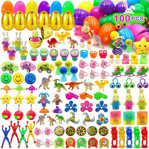 [6 بيضات ذهبية مفاجئة] 100 قطعة من بيض عيد الفصح المملوء مسبقًا بألعاب متنوعة، 100 حشو بيض عيد الفصح البلاستيكي مع ألعاب تململ، صيد بيض عيد الفصح ملء سلة عيد الفصح للأطفال الصغار الأولاد والبنات in Kuwait